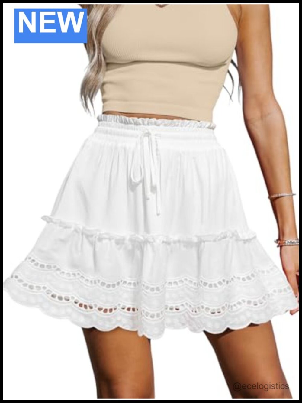 High Waisted Eyelet Mini Skirt Tiered Ruffle A-Line Drawstring Summer Beach